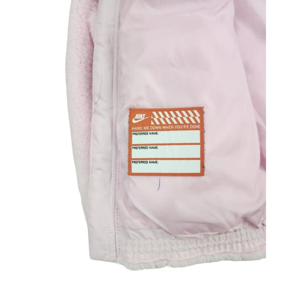 Nike Girls Faux Fur Fuzzy Swoosh Bomber Jacket Pink Size 5-6 Medium
